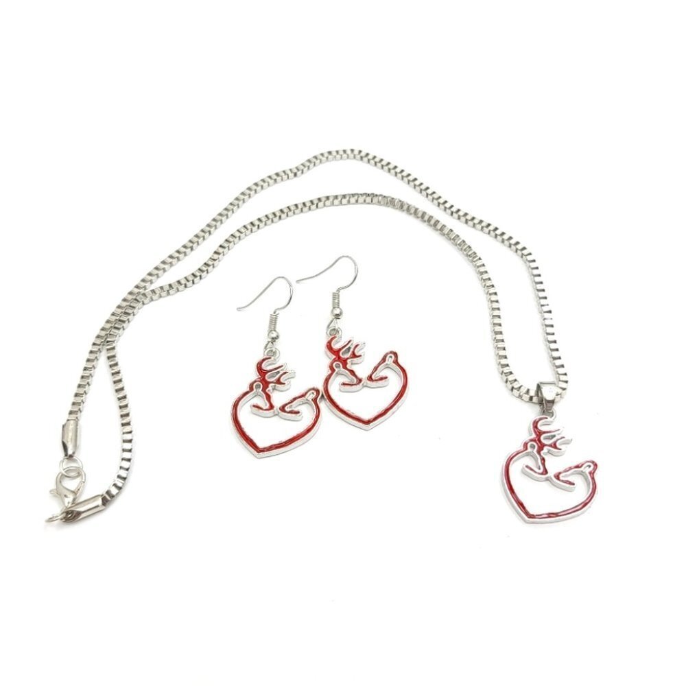 3/$20 Womens Necklace Drop Earrings Jewelry Set Silver Plated Deer Pendant Red